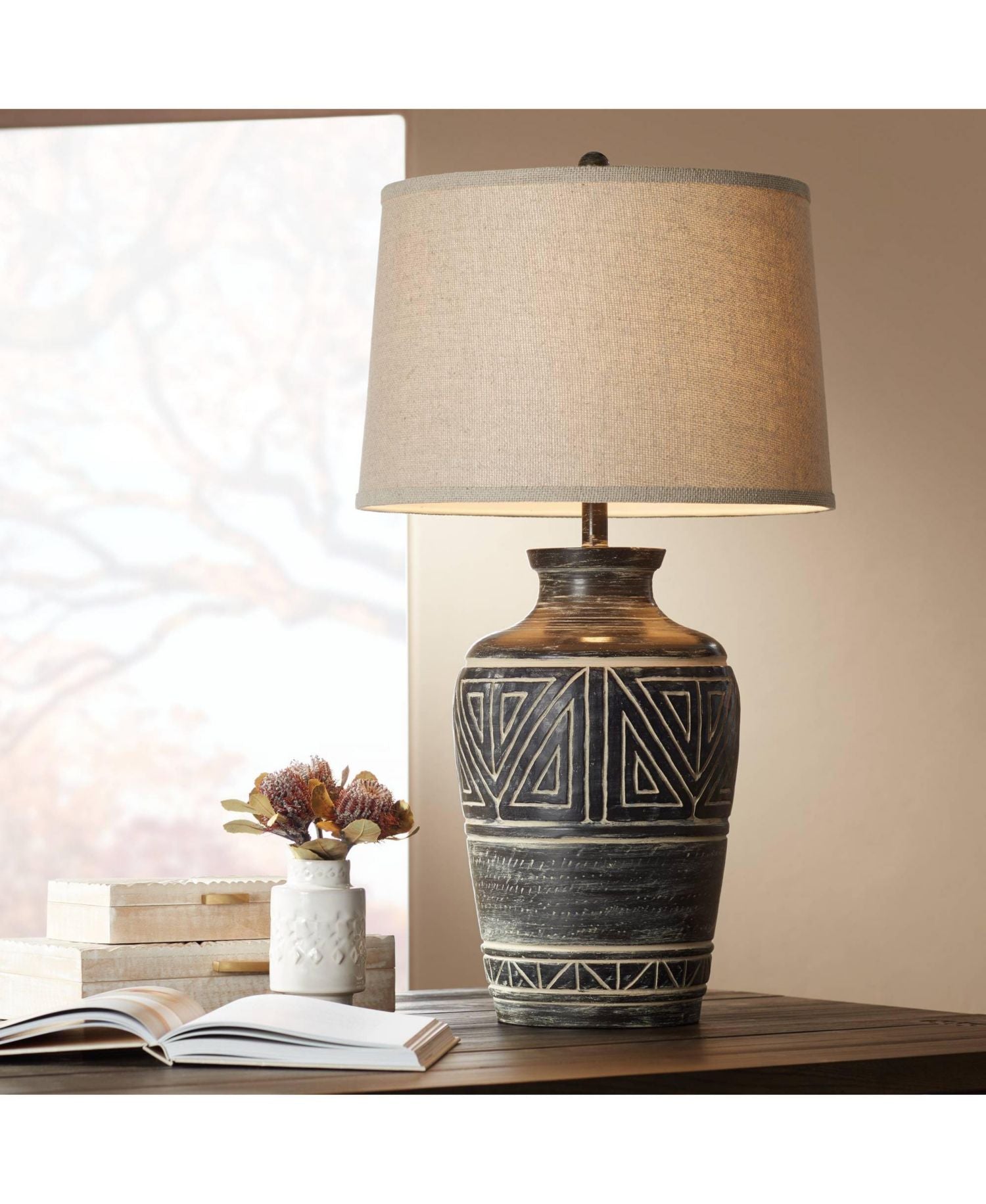 Miguel Rustic Table Lamp Southwest 32" Tall Earth Tone Linen Drum Shade for Bedroom Living Room Bedside Nightstand Office Kids House
